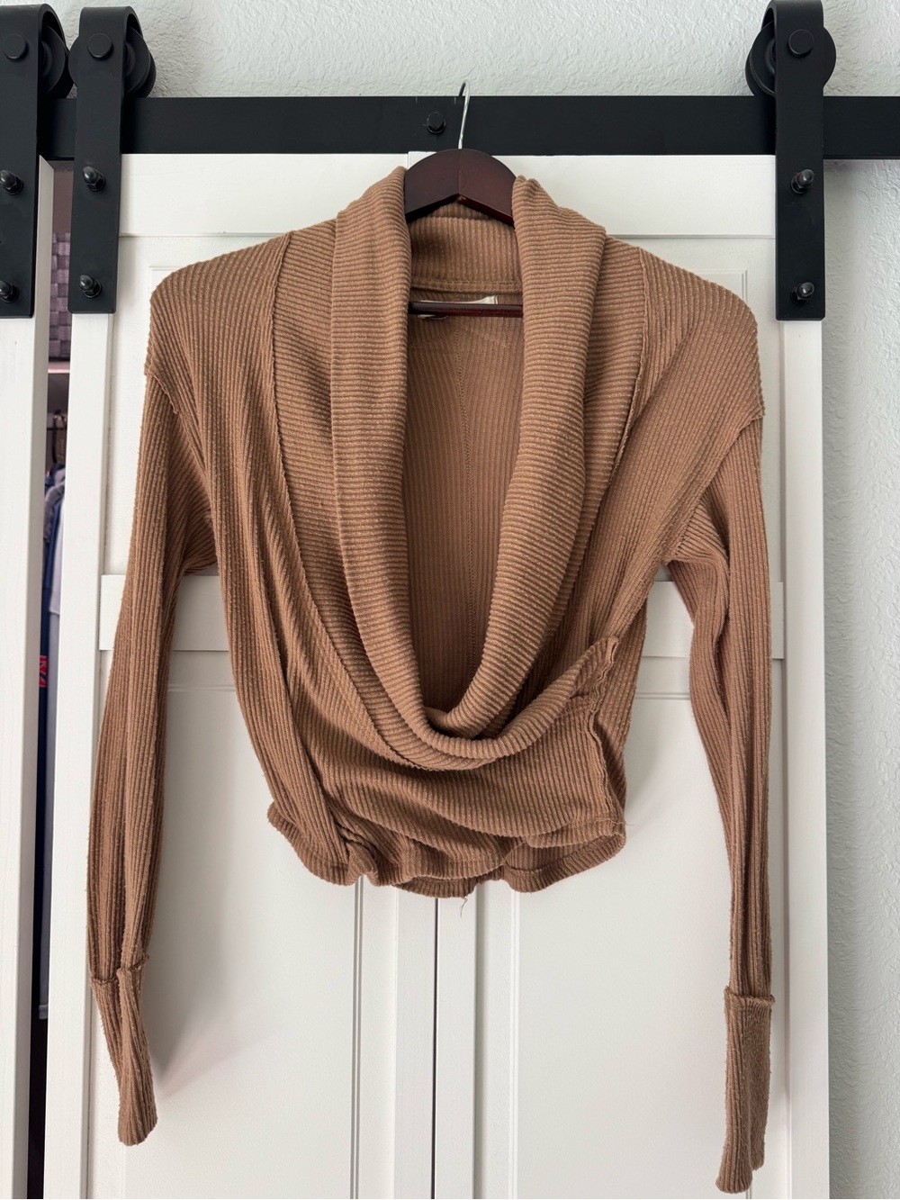 Free People We The Free Brown Ribbed Draped Cowl Neck Top XS